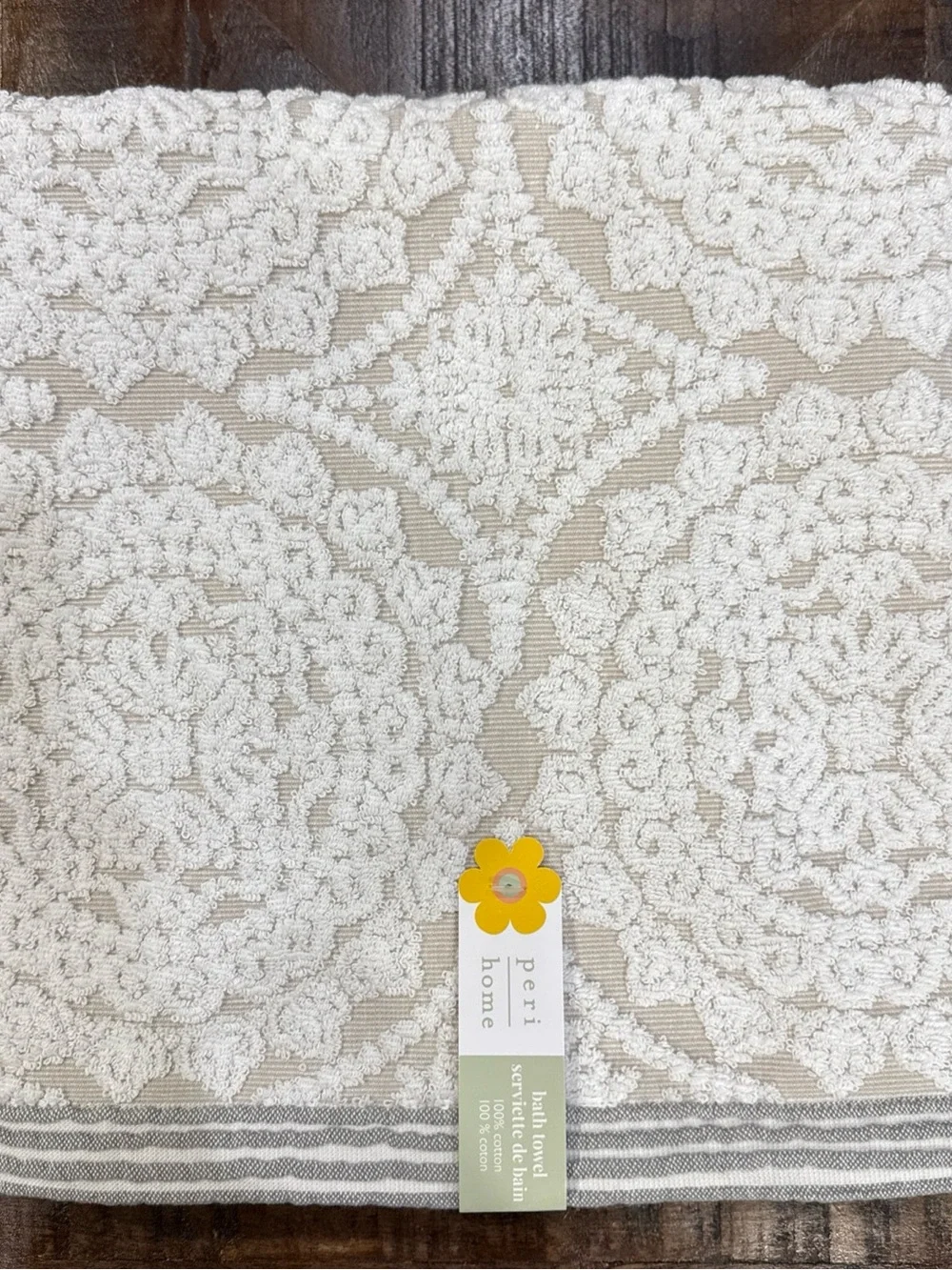 Peri Home Brenna Medallion White Grey Linen Color Bath Towel 28x54” Cotton NWT